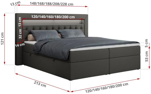 Boxspringbett - Doppelbett mit Multipocket-Matratze und LED - GOLD-6 - 180x200cm - Dunkelgrau Kunstleder - H3 Bild 5