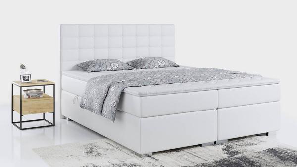 Boxspringbett, Deko Bed mit Matratze und Topper - CASSI - 140x200cm - Weiß Kunstleder - H4