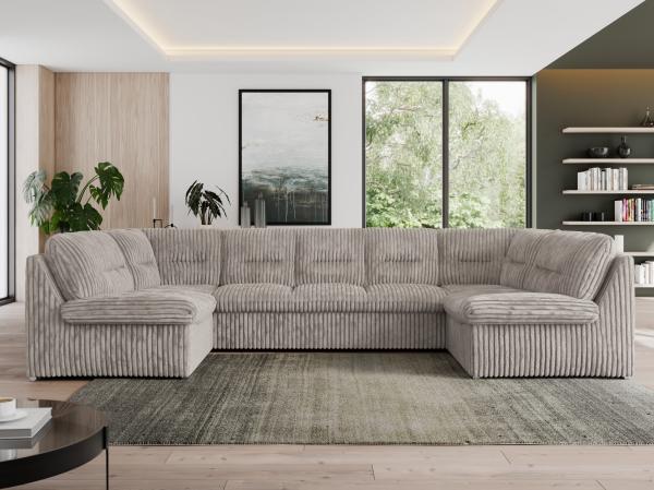 U-förmige Ecksofa, Bigsofa mit schlaffunktion, Wohnlandschaft XXL - MORBIDO U - Hellgrau Cord - Topper T25