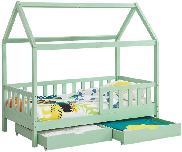 Juskys 'Marli' Kinderbett mit Bettkasten, 2-teilig, Rausfallschutz, Lattenrost & Dach, Kiefer lackiert, mint, 90 x 200 cm
