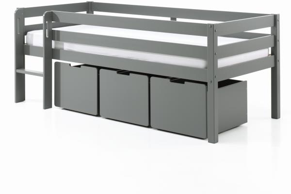 Kojen-Spielbett mit Liegefläche 90 x 200 cm, inkl. Leiter, Regal, Rolllattenrost und 3 Schubkästen, Kiefer und MDF grau lackiert