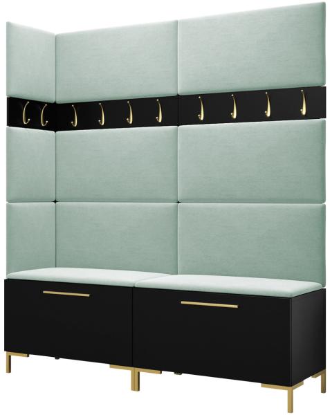 Garderoben-Set Zinetto V mit 8 Stück Gepolstertes Wandpaneel Pag 84x42 und 3 Stück 42x42 (Schwarz + Gold, Manila 11)