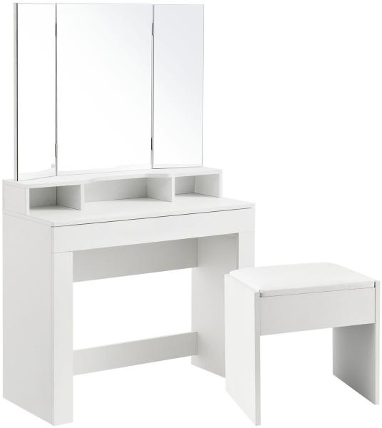 Juskys Schminktisch Marla – Kosmetiktisch 90 x 42 x 157 cm in Weiß – Frisiertisch aus Holz mit Spiegel 3-teilig, Schublade, 3 Ablagefächer & Hocker