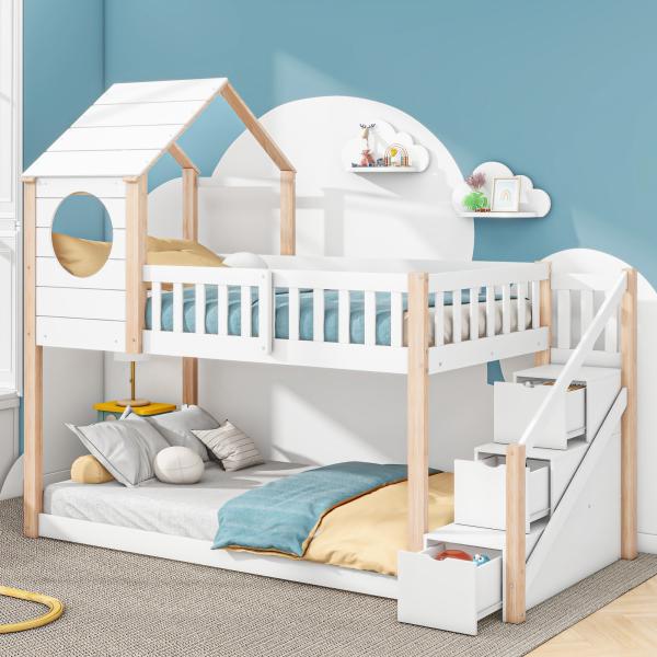 Merax Baumhaus Kinderbett, Ins und aus dem Bett kommen, Doppelbett, Kinderbett in Hausform, Leiterschrank, Kiefernholz Haus Bett for Kids, 90 x 200 cm, ohne Matratze, natur+weiß