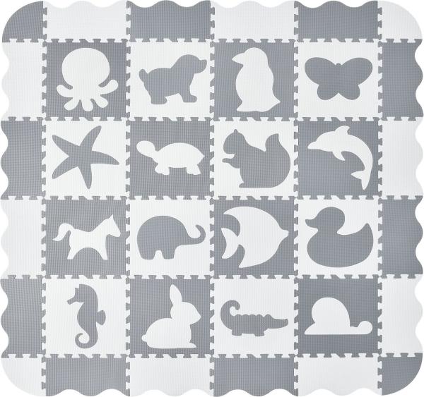 Juskys Kinder Puzzlematte Timon 36 Teile mit 16 Tieren in grau weiß - rutschfest & abwischbar Puzzle ab 10 Monate - EVA Schaumstoff - Spielmatte