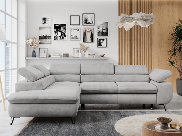 Ecksofa mit Bettfunktion, Modern Sofa, L-form, Einstellbare Kopfstützen, Bettkasten - PETER - Hellgrau Velours - Topper T25 - links