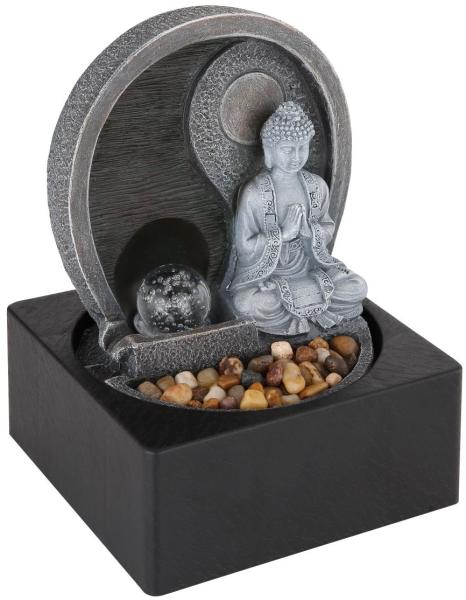 Globo FONTANA Brunnen mit Buddha und Ying Yang Kunststoff Grau, 1xLED