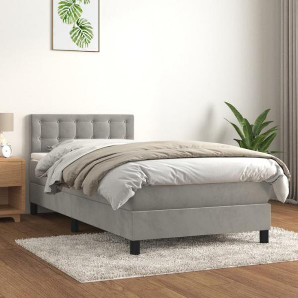 vidaXL Boxspringbett mit Matratze Hellgrau 100x200 cm Samt, gestepptes Kopfteil