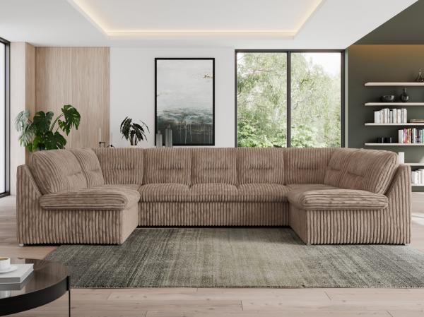 U-förmige Ecksofa, Bigsofa mit schlaffunktion, Wohnlandschaft XXL - MORBIDO U - Braun Cord - Topper T25