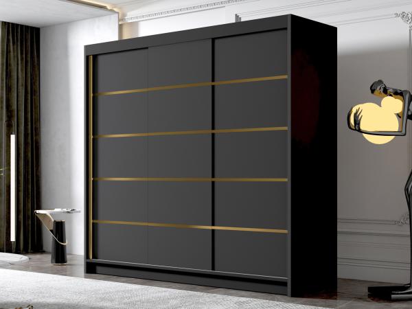 Kleiderschrank mit Goldverzierung Edrulaz VII mit drei Schwebetüren (Farbe: Schwarz)