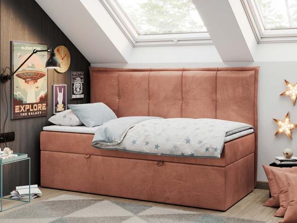 Kinderbett BANCO, Boxspringbetten für Kinderzimmer, Jugendbett, Einzelbett mit Matratze - Orange Velvet - Topper Visco