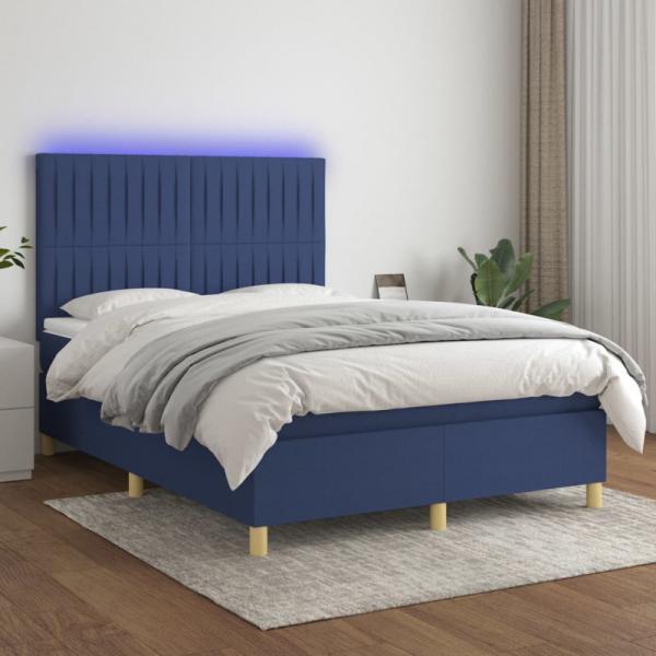 vidaXL Boxspringbett mit Matratze & LED Blau 140x200 cm Stoff 3135603