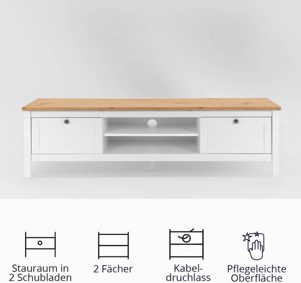 KHG TV-Bank 2 Schubladen Landhaus TV-Lowboard mit 2 offenen Fächern aus Holzwerkstoff weiß foliert, Deckplatte Holzoptik Asteiche foliert, silberne Metall-Griffe, 160 x 45 x 40 cm (B/H/T) Bild 6