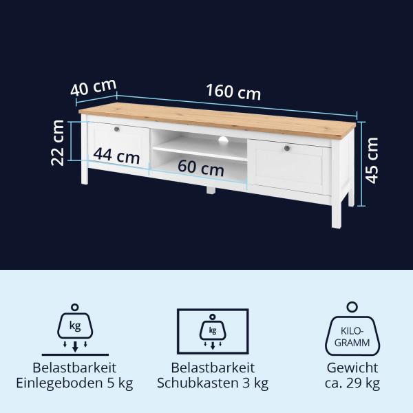 KHG TV-Bank 2 Schubladen Landhaus TV-Lowboard mit 2 offenen Fächern aus Holzwerkstoff weiß foliert, Deckplatte Holzoptik Asteiche foliert, silberne Metall-Griffe, 160 x 45 x 40 cm (B/H/T) Bild 7