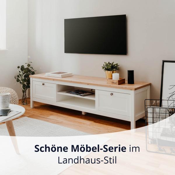 KHG TV-Bank 2 Schubladen Landhaus TV-Lowboard mit 2 offenen Fächern aus Holzwerkstoff weiß foliert, Deckplatte Holzoptik Asteiche foliert, silberne Metall-Griffe, 160 x 45 x 40 cm (B/H/T) Bild 2