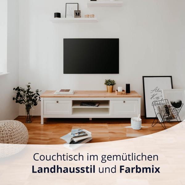 KHG TV-Bank 2 Schubladen Landhaus TV-Lowboard mit 2 offenen Fächern aus Holzwerkstoff weiß foliert, Deckplatte Holzoptik Asteiche foliert, silberne Metall-Griffe, 160 x 45 x 40 cm (B/H/T) Bild 3