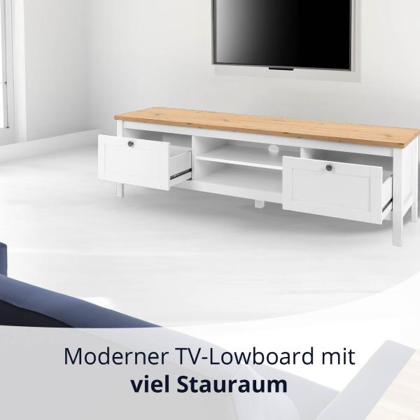 KHG TV-Bank 2 Schubladen Landhaus TV-Lowboard mit 2 offenen Fächern aus Holzwerkstoff weiß foliert, Deckplatte Holzoptik Asteiche foliert, silberne Metall-Griffe, 160 x 45 x 40 cm (B/H/T) Bild 4