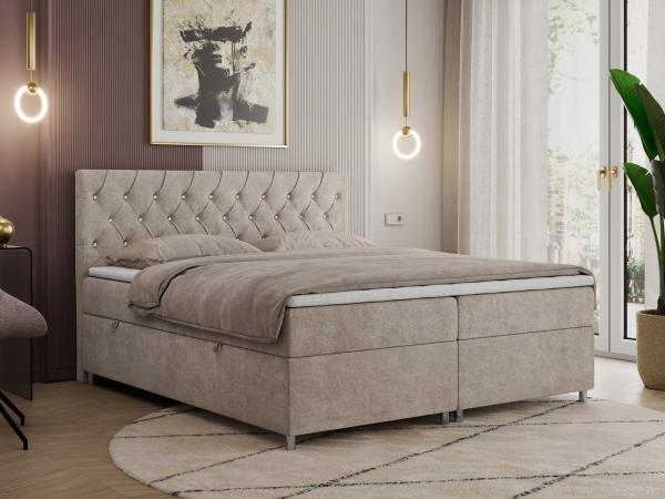 Boxspringbett Doppelbett Polsterbett Kunstlederbett mit Bettkasten - ROMA - 140x200cm - Beige Stoff - H3