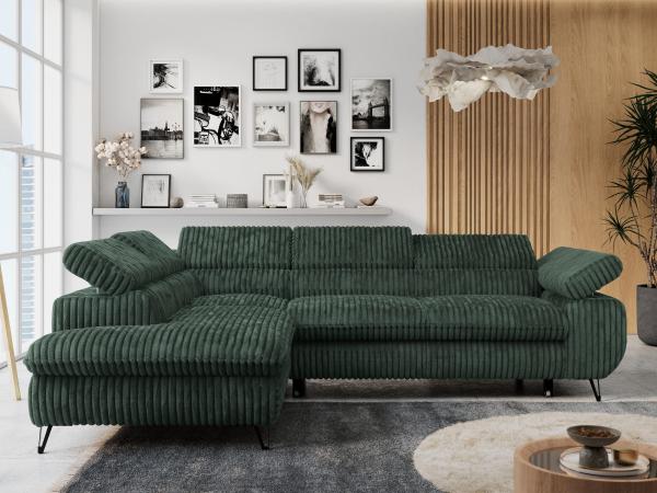 Ecksofa mit Bettfunktion, Modern Sofa, L-form, Einstellbare Kopfstützen, Bettkasten - PETER - Grün Cord - Topper T25 - links