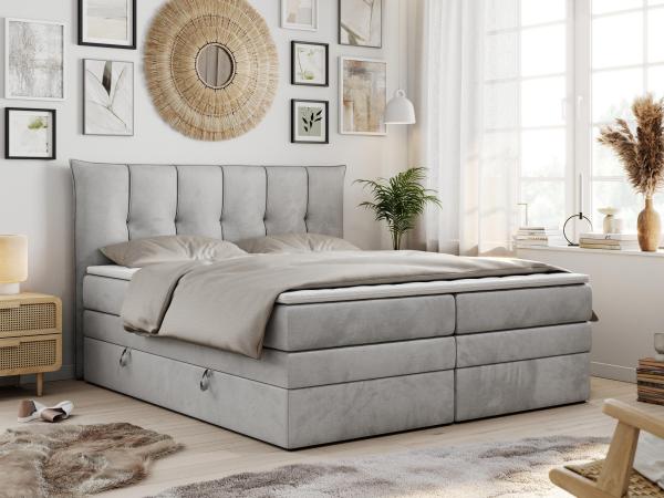 Boxspringbett 7-Zonen Taschenfederkernmatratze und Topper - PREMIUM-10-KING - 140x200cm - Hellgrau Velours - H4