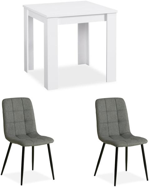 Essgruppe mit 2 Stühlen Leinen Polsterstühle Grau Esstisch Weiß 80x80 cm Esszimmertisch Holz Massiv