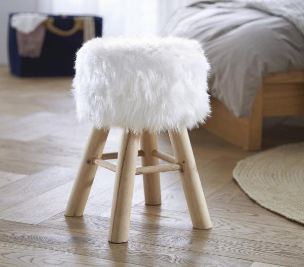 Dekoleidenschaft Polsterhocker "Kuschelfell" aus Kunstfell in weiß und Holz natur, Sitzhocker, Hocker, Fußhocker, Rundhocker für Wohnzimmer & Schlafzimmer, Schminkhocker