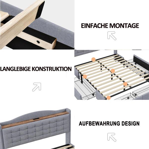 Merax Polsterbett 160*200 cm, Nachttisch mit USB-Ladeanschluss und Ablage, Doppelflachbett mit 4 Schubladen, Leinenstoff Grau Bild 6