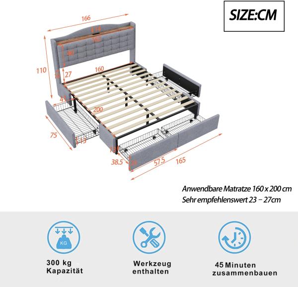 Merax Polsterbett 160*200 cm, Nachttisch mit USB-Ladeanschluss und Ablage, Doppelflachbett mit 4 Schubladen, Leinenstoff Grau Bild 4