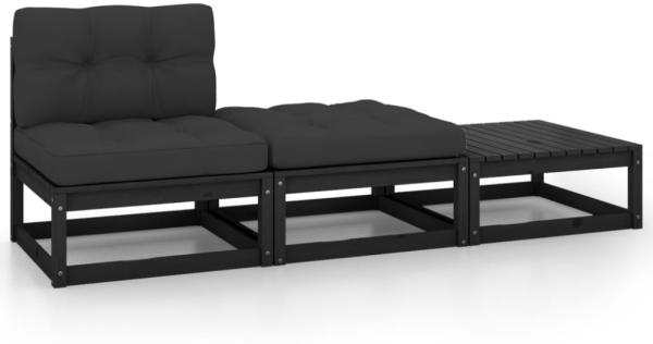 vidaXL 3-tlg. Garten-Lounge-Set mit Kissen Schwarz Kiefer Massivholz