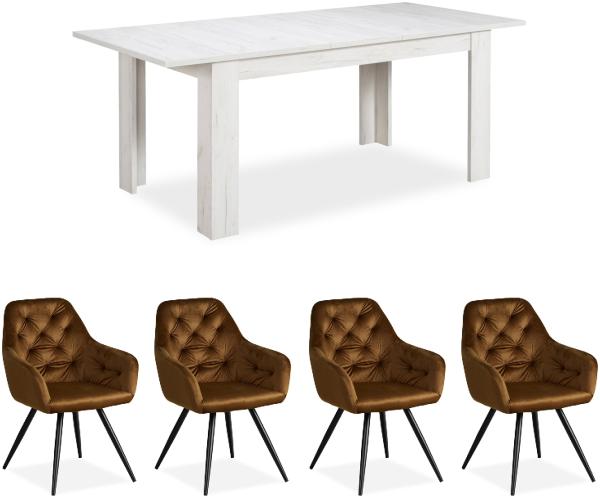 Homestyle4u Essgruppe mit Holztisch und 4 Polsterstühlen, Massivholz weiß / Samt braun, B/T/H: 160,5 - 200,5 x 90,5 x 76,5 cm