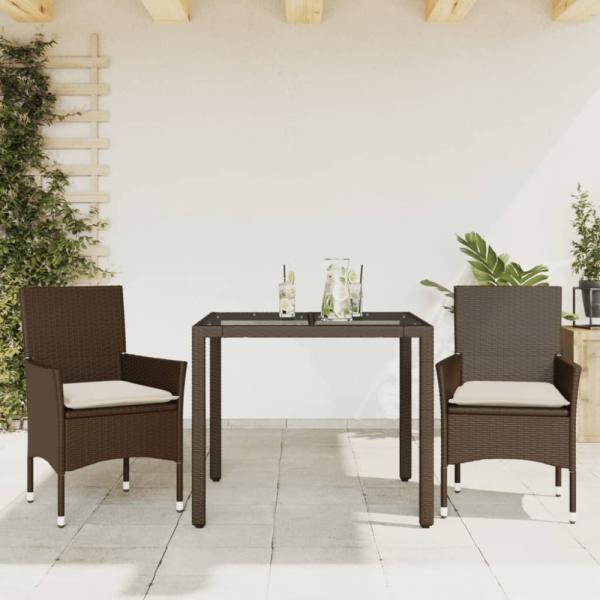 vidaXL 3-tlg. Garten-Essgruppe mit Kissen Braun Poly Rattan Glas