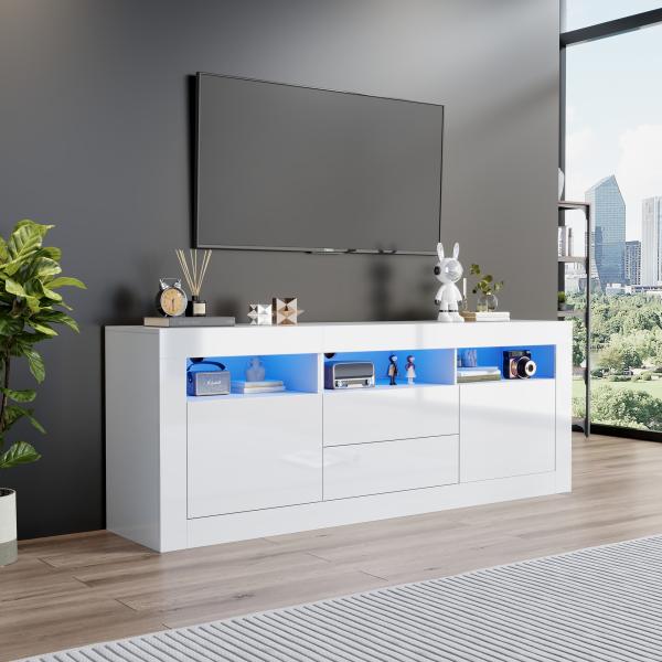 Merax 160*35*60cm Hochglanz-TV-Schrank mit LED-Beleuchtung, 3 offenen Fächern, 2 Türen, 2 Schubladen, Smart App Steuerung, für 70-Zoll-Fernseher, Hochglanz-TV-Ständer, Weiß