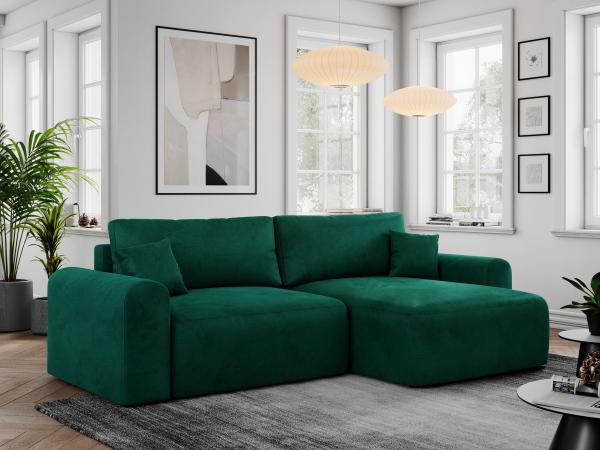 Ecksofa L-form, Couch mit Schlaffunktion und Bettkaste - NELSON - Dunkelgrün Velours