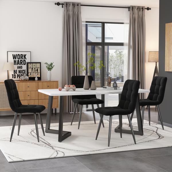 Merax Essgruppe, (Set, 5-tlg, Tisch mit 4 Stühlen), Esstisch und 4 Esszimmerstuhl Set Polsterstühle Küchetisch Marmoroptik, Schwarz Bild 2