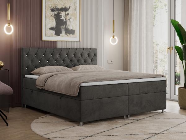 Boxspringbett Doppelbett Polsterbett Kunstlederbett mit Bettkasten - ROMA - 140x200cm - Dunkelgrau Velours - H3