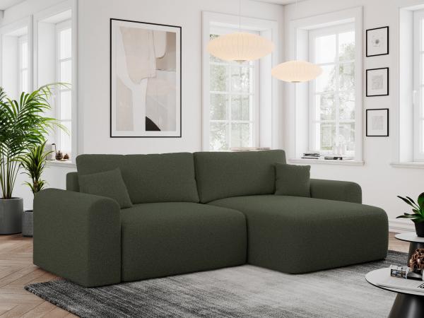 Ecksofa L-form, Couch mit Schlaffunktion und Bettkaste - NELSON - Grün Boucle