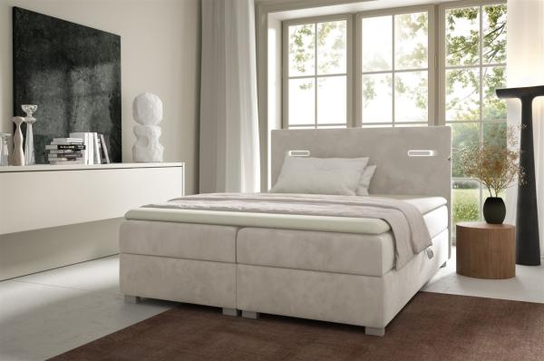 Boxspringbett Schlafzimmerbett CAPRICE 200x200cm Stoff Creme inkl. Ambiente-LED