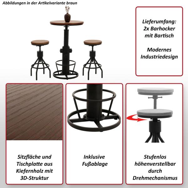 Set Bartisch + 2x Barhocker HWC-N17, Barstuhl Stehtisch höhenverstellbar drehbar Fußablage Industrial Holz ~ braun Bild 2