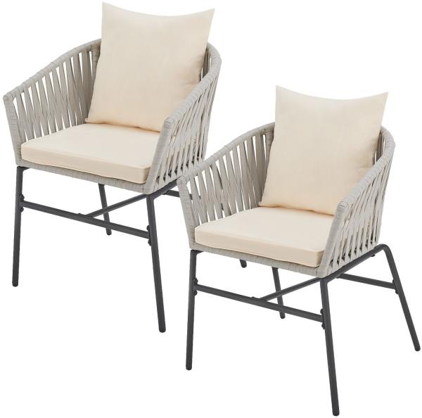 Juskys Rope Stühle 2er Set - Gartenstühle mit Seilgeflecht & Polster – wetterfester & bis 160 kg belastbar - Stahl mit Pulverbeschichtung - Hellgrau
