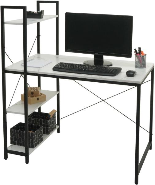 Schreibtisch mit Regal HWC-K81, Laptoptisch Bürotisch Arbeitstisch, 100x60cm Metall MDF ~ Marmor-Optik weiß