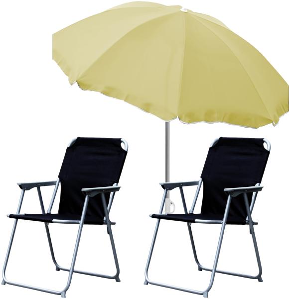 2x Campingstuhl Klappstuhl Schwarz + Sonnenschirm Ø180cm Beige