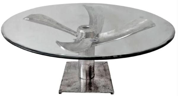 Casa Padrino Couchtisch Silber Ø 100 x H. 52 cm - Runder Aluminium Wohnzimmertisch mit Glasplatte - Aluminium Möbel - Flugzeug Möbel - Flieger Möbel - Wohnzimmer Möbel