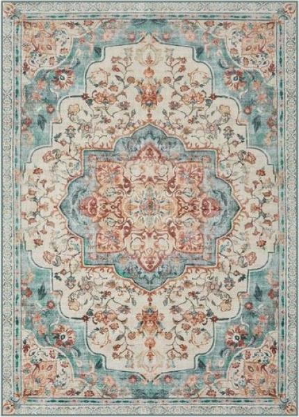 SONGMICS HOME Teppich, 153 x 214 cm, Wohnzimmerteppich, Rutschfester Teppich, traditioneller Vintage-Stil, für Wohnzimmer, Küche, Flur, Esszimmer, maschinenwaschbar, aquamarinblau