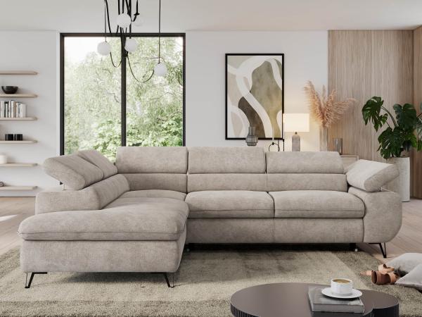 Ecksofa, L-form mit Schlaffunktion, verstellbaren Kopfstützen, Bettkasten - PEDRO - Beige Stoff - Topper T25 - links