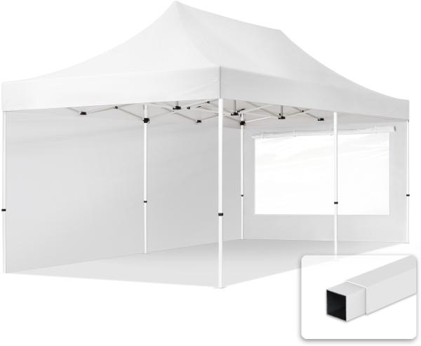 3x6 m Faltpavillon, ECONOMY Stahl 30mm, Seitenteil mit Panoramafenster, weiß