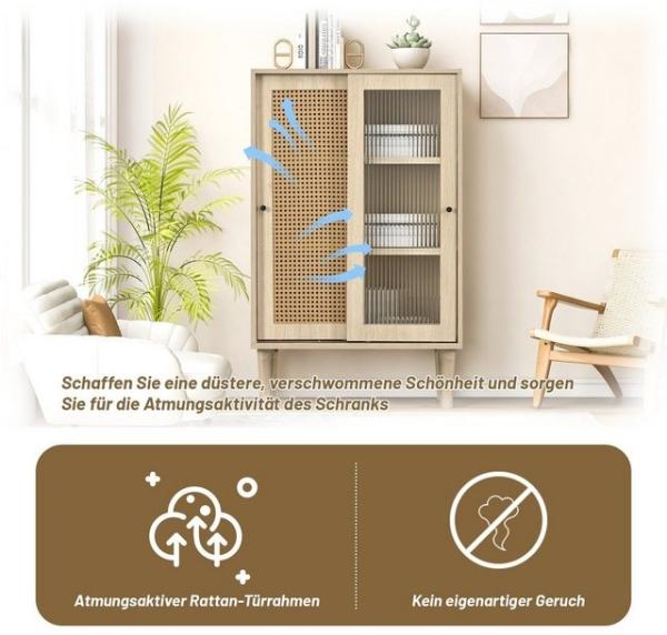 Merax Highboard, mit Glastür und Rattangeflecht, Vitrine Landhaus, Kommode, Sideboard Bild 4