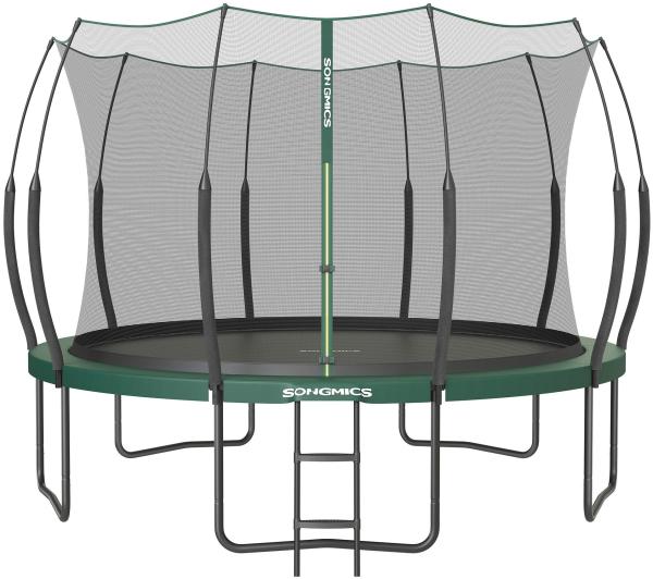 SONGMICS Federloses Trampolin, elastische Seile, Sicherheitsnetz mit Reißverschluss, Glasfaserstangen, dschungelgrün, Ø 366 cm