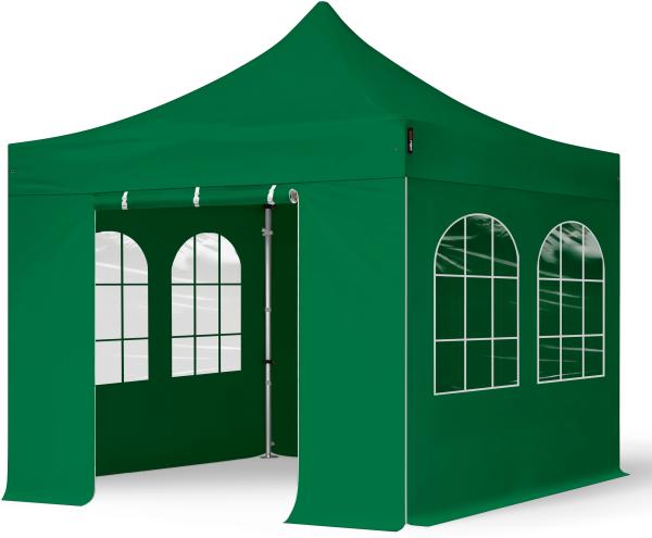 3x3 m Faltpavillon PROFESSIONAL Alu 40mm, Seitenteile mit Sprossenfenstern, dunkelgrün