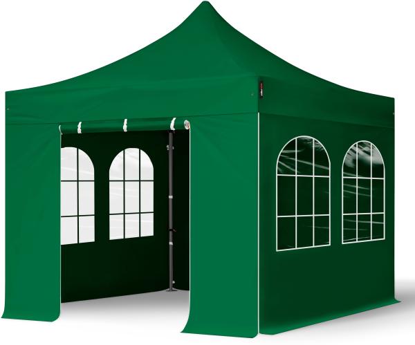 3x3 m Faltpavillon, PREMIUM Stahl 40mm, Seitenteile mit Sprossenfenstern, dunkelgrün