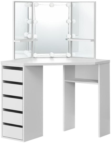 Juskys Eck Schminktisch Nova mit LED Beleuchtung, Spiegel, 5 Schubladen & 3 Ablagen, 100 x 54 x 140 cm, Holz, Weiß, Kosmetiktisch Frisiertisch